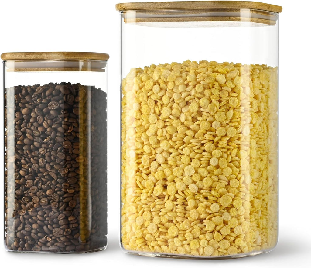 156oz 52oz Airtight Glass Square Storage Canister with Bamboo Lid Set of 2(4600ml*1 1550ml*1) Large Gallon Glass Jars for Sugar, Flour, Cookies and Coffee beans (‎with Black Lable)