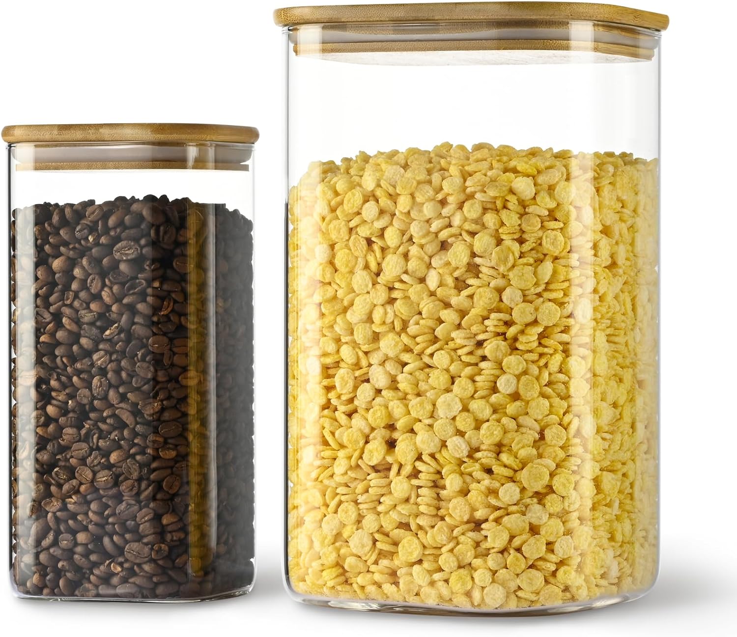156oz 52oz Airtight Glass Square Storage Canister with Bamboo Lid Set of 2(4600ml*1 1550ml*1) Large Gallon Glass Jars for Sugar, Flour, Cookies and Coffee beans (‎with Black Lable)