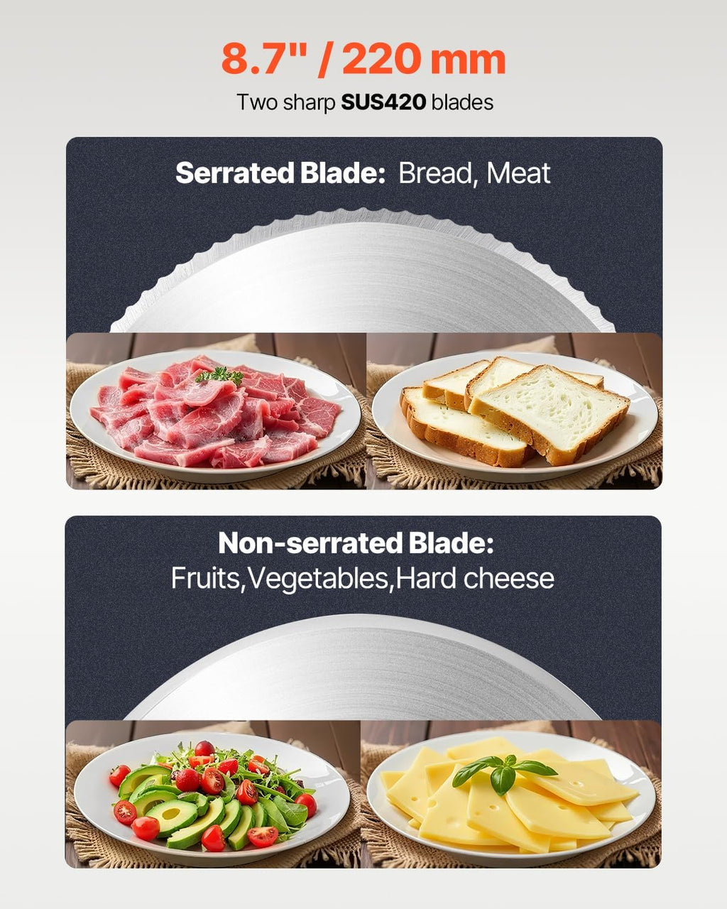 VEVOR Meat Slicer, 8.7 inch Electric Deli Food Slicer with Two Premium SUS420 Blades, 0-0.6 inch Adjustable Thickness, 180W Food Slicer Machine for Meat, Hard Bread and Cheese, Home Use