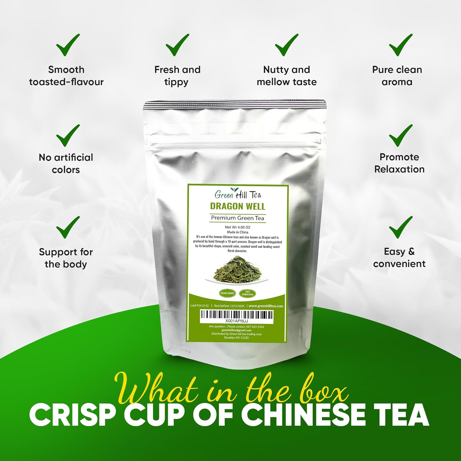 Greenhilltea Dragon Well green tea, a classic Chinese Green tea distinguished by its color, shape and taste- 4 OZ Bag