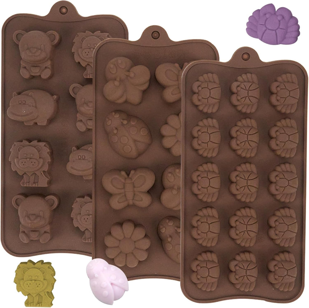 3 Pcs Non-Stick Brown Animal Themed Chocolate and Fondant Silicone Baking Molds with Wax Melt Function