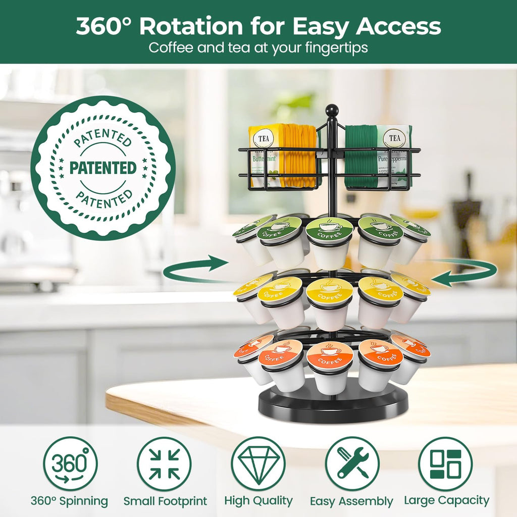 EsLuker.ly K Cup Holder Coffee Pod Organizer Carousel for Countertop, Rotatable Metal 4-Tier Storage Rack Stand for 30 K Cups & Tea Bags, Convenience Meets Elegance