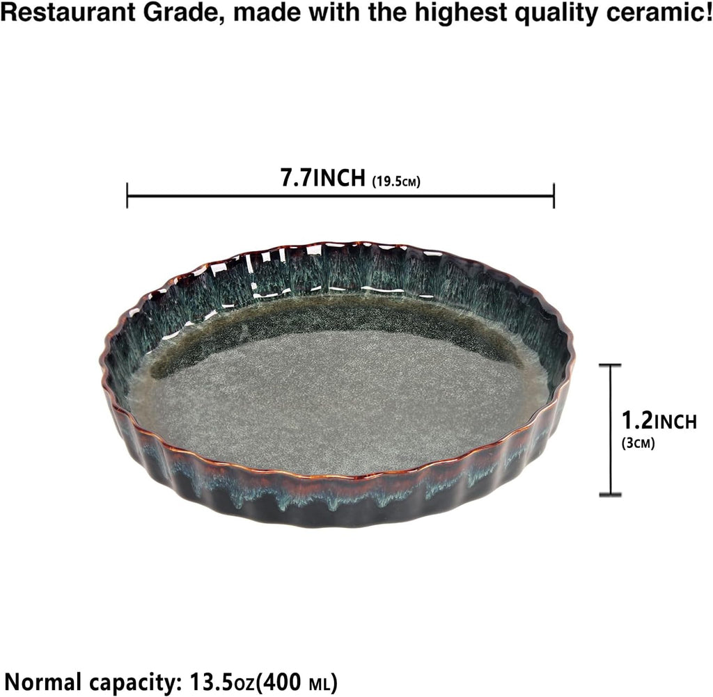 7 Inch Ceramic Pie Pan Quiche Dish 13.5 Ounces Baking Pan, Set of 2 Au Gratin Baking Dishes, Non-Stick Tart Pan, Pie Plate for Apple, Oven Safe, Round Ruffled Edge 7.7 Inch