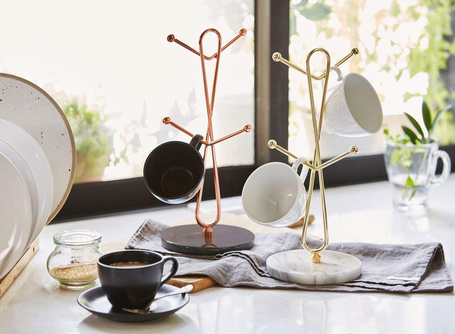 JEmarble Mug Holders with Copper Plated Standing(Black) Countertop Mug Tree, Coffee Mugs & Tea Cup Storage Rack, Coffee Counter Bar Accessory & Kitchen Organizer