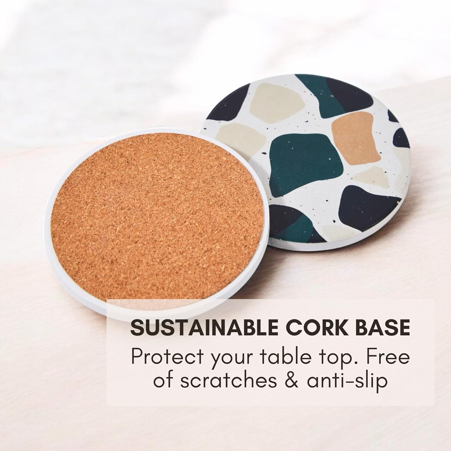 Black Terrazzo Drink Absorbent Coasters with Holder Set of 6, Ceramic Coaster for Drinks, Coffee Table Decor, Water Absorbing Stone Coaster for Drinks (Midnight)