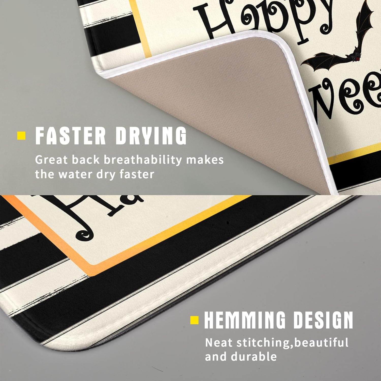 Happy Halloween Bats Dish Drying Mat for Kitchen Counter,Black and White Stripe Drying Mat 16 x 18 Inch with High Absorbent Microfiber Dish Drying Pad Dish Rack Pad Drainer Mat for Coffee Bar