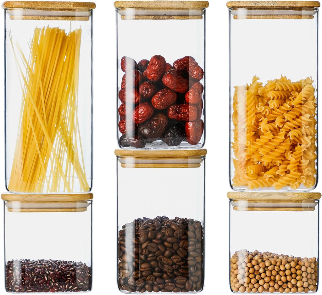 Glass Food Storage Containers with Lids 6 Pack(25oz/37oz/50oz), High Borosilicate Glass Jars for Coffee Bean, Candy, Cookie, Flour, Square