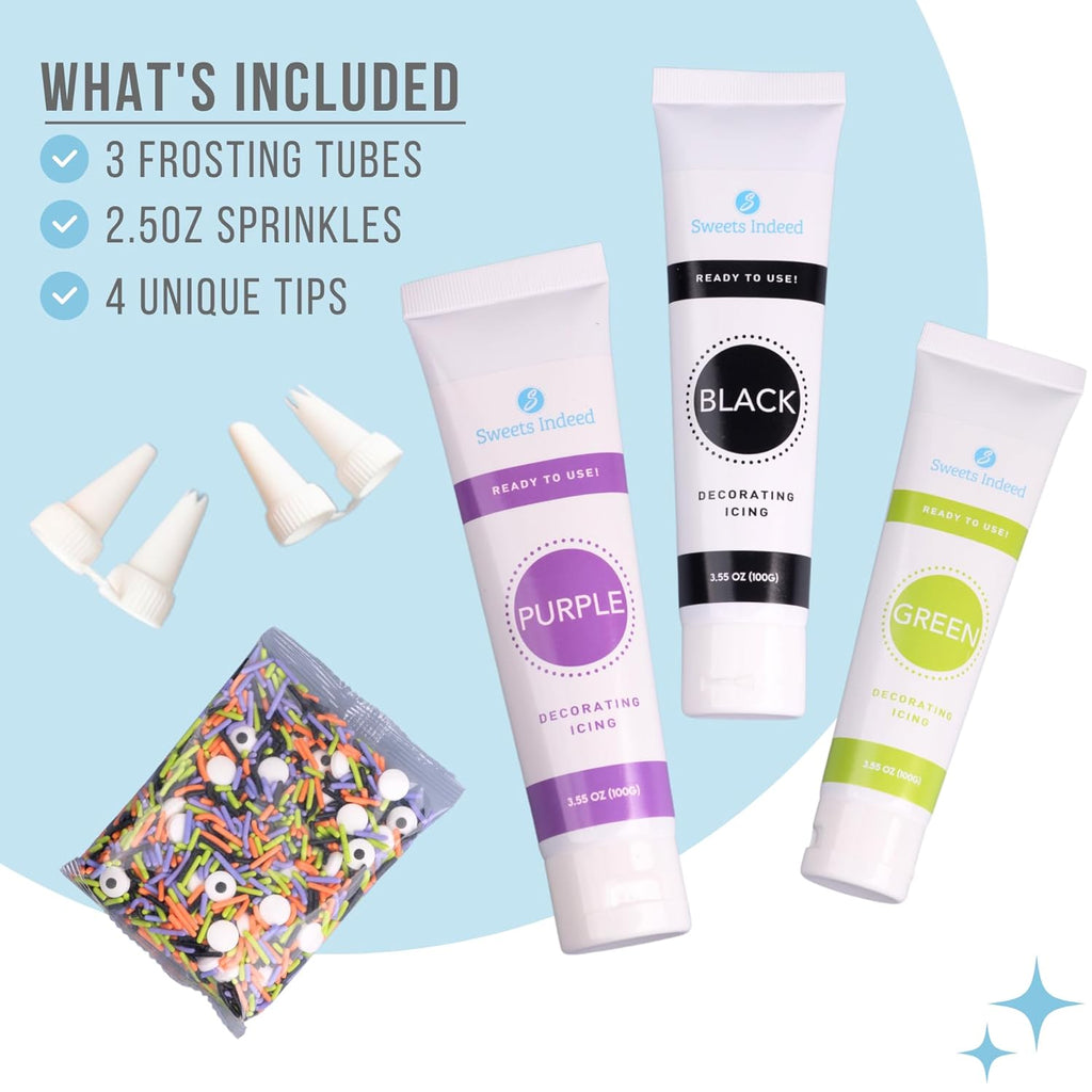 Sweets Indeed Frosting Kit plus Sprinkles Frosting Tubes nozzles 11.71 ounces Perfect for baking and cookie decoarting (Monster Mash)