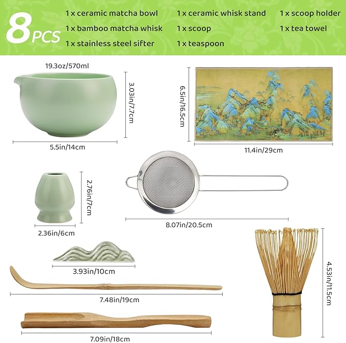 HengLiSam 8PCS Matcha Whisk Set, Ceramic Matcha Kit Set, Japanese Tea Ceremony Tools with Matcha Bowl, Bamboo Whisk, Holder, Sifter, Scoop, Tea Cloth, Spoon and Scoop Stand (Green)