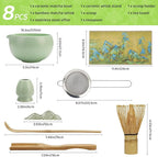 HengLiSam 8PCS Matcha Whisk Set, Ceramic Matcha Kit Set, Japanese Tea Ceremony Tools with Matcha Bowl, Bamboo Whisk, Holder, Sifter, Scoop, Tea Cloth, Spoon and Scoop Stand (Green)