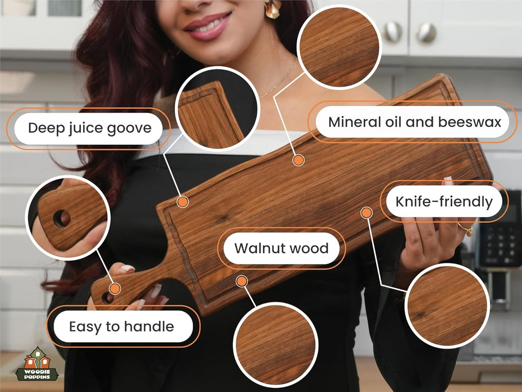 Elegant American Black Walnut Wood Long Serving Board with Handle - Charcuterie Wooden Board - Stylish Versatility for Culinary Delights - Reversible with Juice Groove - 19x6x0.8 in - Woodie Poppins