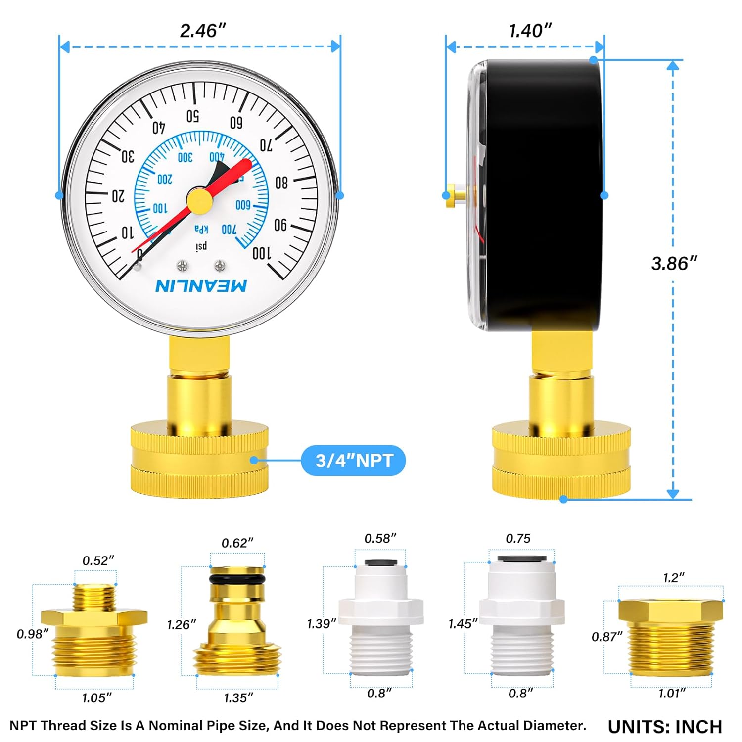 MEANLIN MEASURE 0~100Psi 3/4" Female Water Pressure kit Plus 5 adapters, 2.5" FACE DIAL Multi-Purpose Pressure Gauge kit with Red Indicator Hands, Hydraulic Tester Suitable for Gardens, Water Pipes