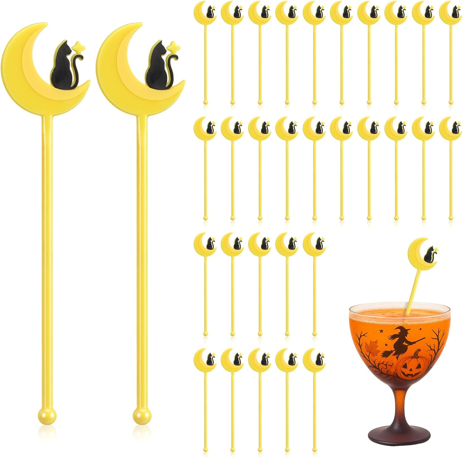 30 Pcs Halloween Swizzle Sticks Plastic Coffee and Cocktail Stirrers Fall Thanksgiving Drink Stirrers Cocktail Mixers for Halloween Fall Autumn Party Tea Coffee Bar Decoration(Moon and Cat)