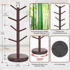 BAMBANG Mug Holder Tree, 360° Rotating 8 Hooks Coffee Cup Holder for Counter, Bamboo Coffee Mug Rack Standing for Kitchen Countertop Home, Espresso