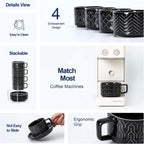 Sureasy Ceramic Espresso Cups Set of 4 – 4 oz Black Stackable Cappuccino Cups with Saucers and Metal Stand, Embossed Mugs for Latte, Mocha, Tea, and Specialty Coffee
