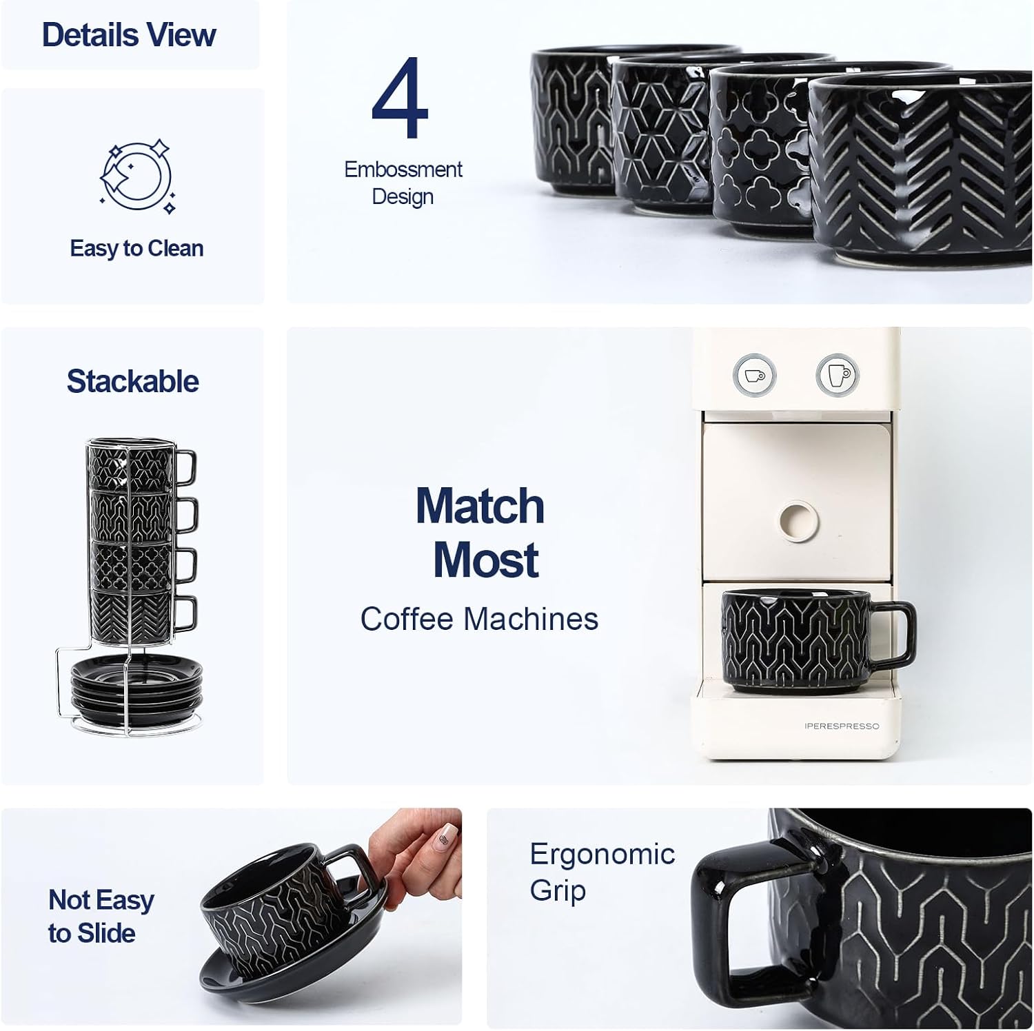 Sureasy Ceramic Espresso Cups Set of 4 – 4 oz Black Stackable Cappuccino Cups with Saucers and Metal Stand, Embossed Mugs for Latte, Mocha, Tea, and Specialty Coffee