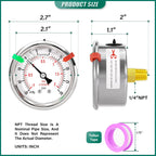 -30inHG-30psi Stainless Steel Glycerin Liquid Filled Vacuum Pressure Gauge 1/4" NPT 2.5" Face Dial Center Back Mount, for Water, Oil and Air Pressure Testing (with Range Mark Pointer)