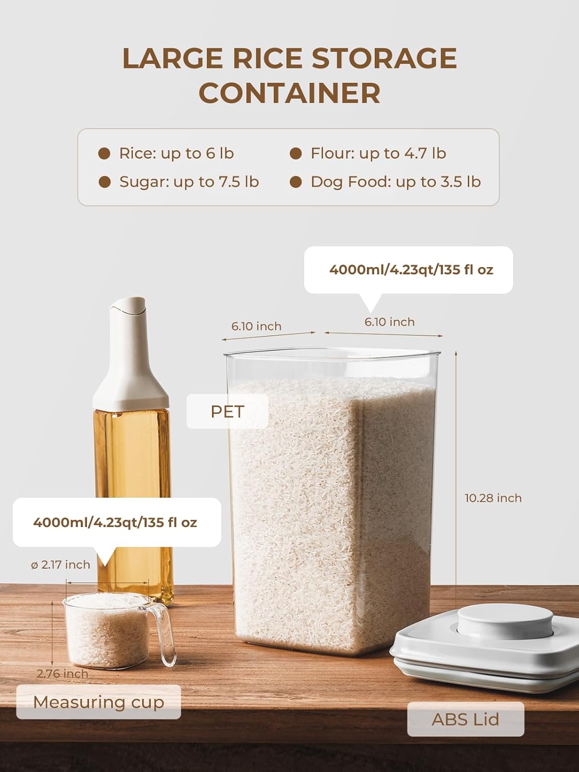 4 Pack Airtight Food Storage Containers with One-Hand Pop Lid, 4.23Qt Rice & Grain Organizer Set with Measuring Scoop, Stackable BPA-Free Kitchen Pantry Bins for Flour, Rice, Cereal, Pet Food