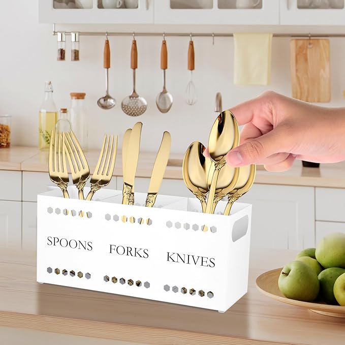 Silverware Caddy Flatware Cutlery Holder Metal Silverware Organizer Containers White Kitchen Utensil Holder for Countertop Spoon and Fork Holder Flatware Utensils Caddy for Party