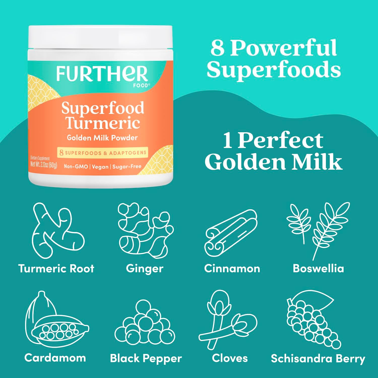 Further Food Best Turmeric Golden Milk Organic Turmeric Powder, Cinnamon, Ginger & Black Pepper Maximum Absorption Joint Health, Gut Health, Sugar-Free, Vegan, Keto (6.35 oz)