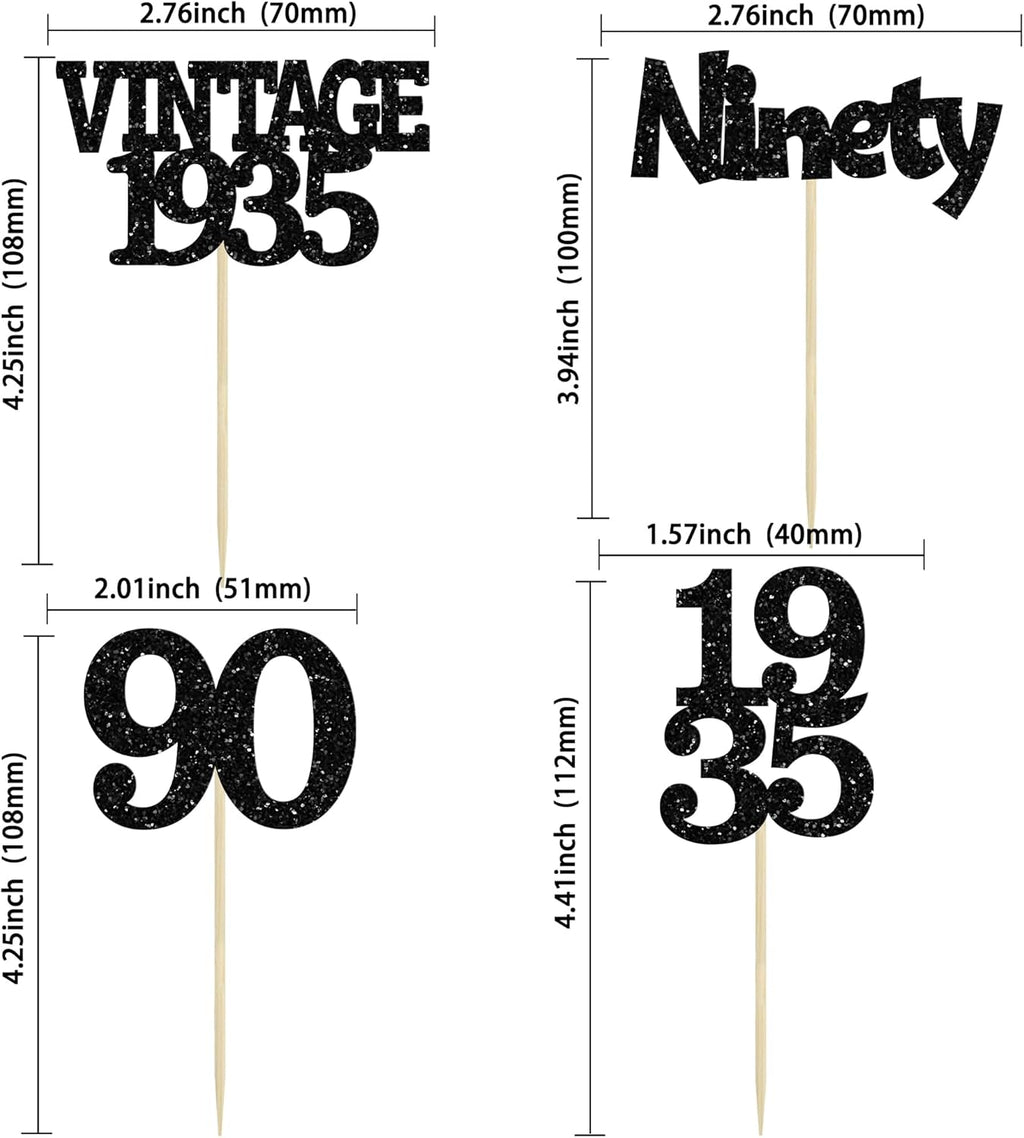 Gyufise 24Pcs Vintage 1935 Cupcake Toppers Glitter Cheers to 90 Fabulous Ninety Cupcake Picks 90th Birthday Wedding Anniversary Party Cake Decorations Supplies Black