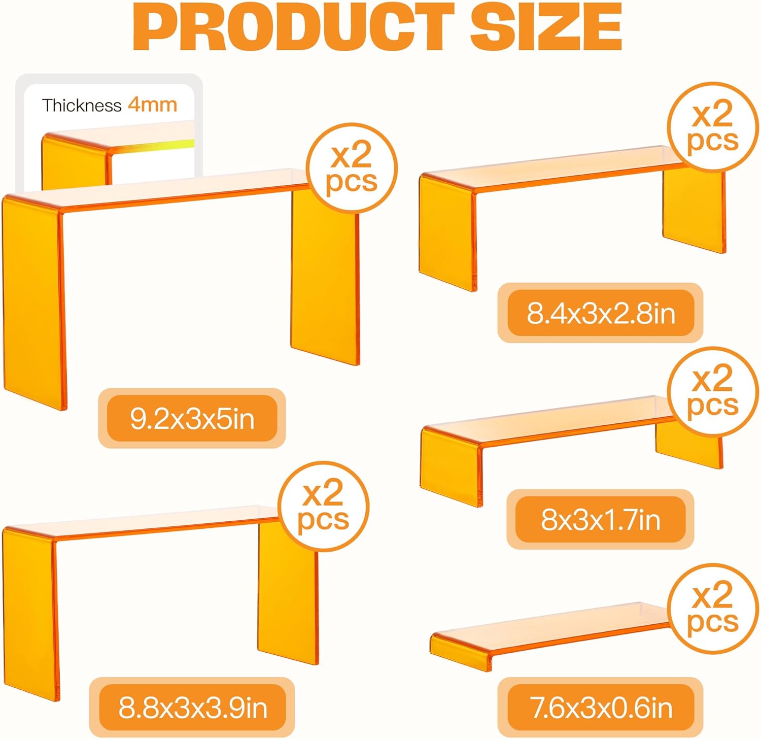 Goabroa Acrylic Display Risers, 2 Sets 5 Tier Rectangular Risers Display Stands, Acrylic Display Shelves for Figures, Cupcake, Perfume Display, Transparent Orange
