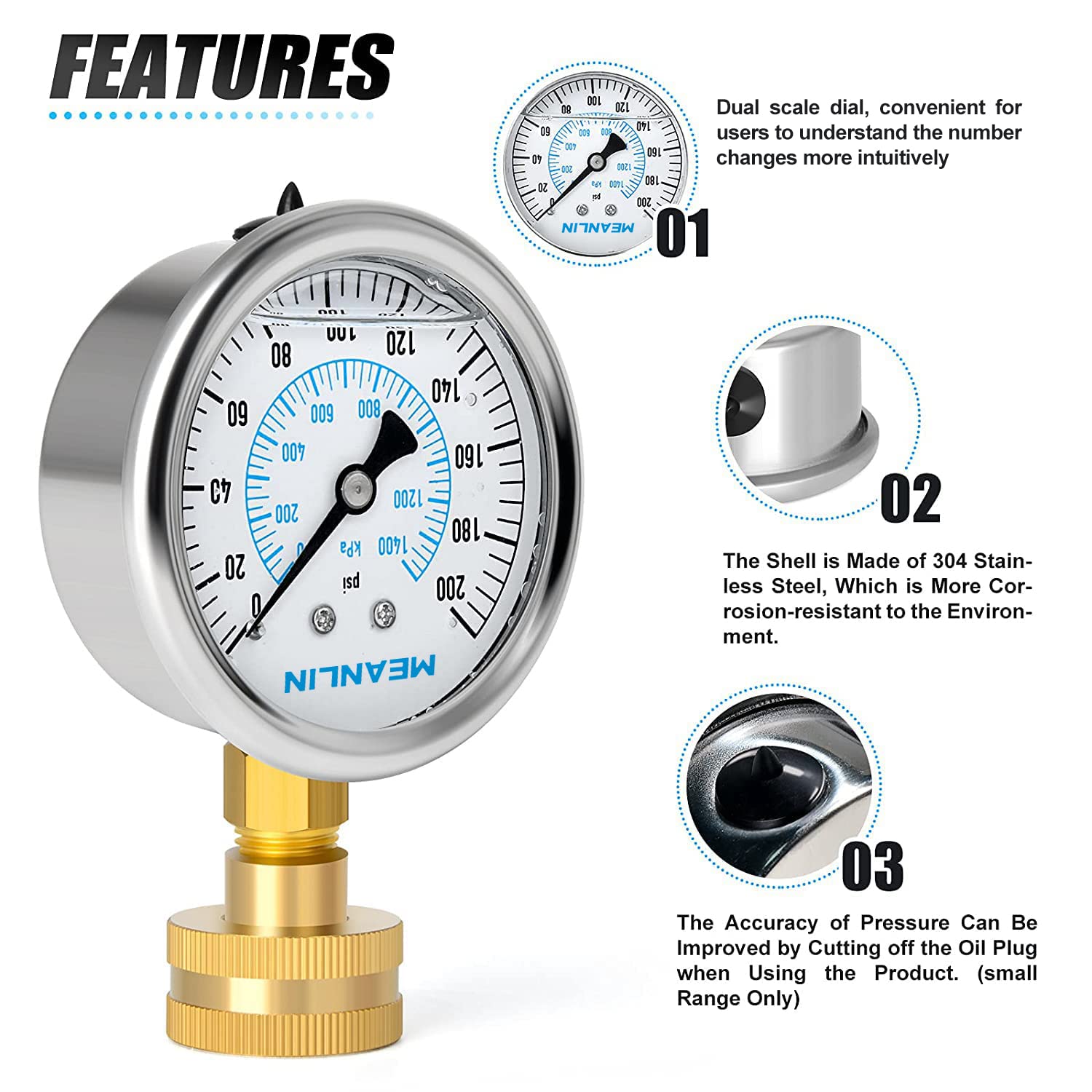 MEANLIN MEASURE 0~200Psi Stainless Steel Frame 3/4" Female 2.5" FACE DIAL Liquid Filled Pressure Gauge WOG Water Oil Air Water Pressure Test Table with Sealing Ring