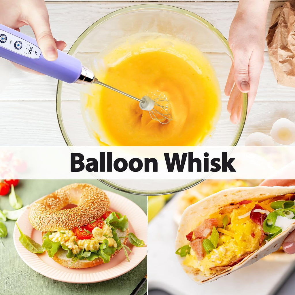 Milk Frother with Stand Rechargeable- Handheld Coffee Frother with 3 Stainless Whisks 3 Speed Adjustable, Electric Whisk Drink Mixer, Foam Maker Blender for Matcha Latte Cappuccino Chocolate