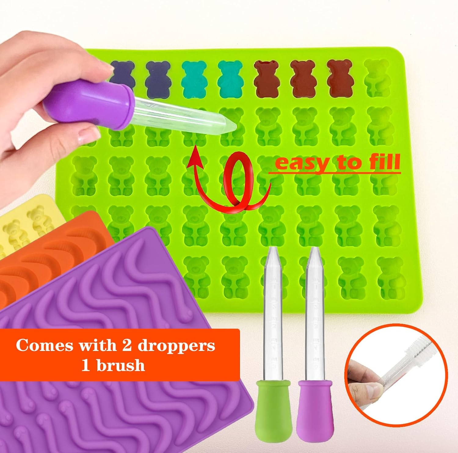 Gummy Bear and Worm Mold Silicone, No Stick Chocolate Candy Gummy Molds,Pack of 4 with 2 Droppers,SAGOOITS Large Gummy Bear Molds Candy Molds
