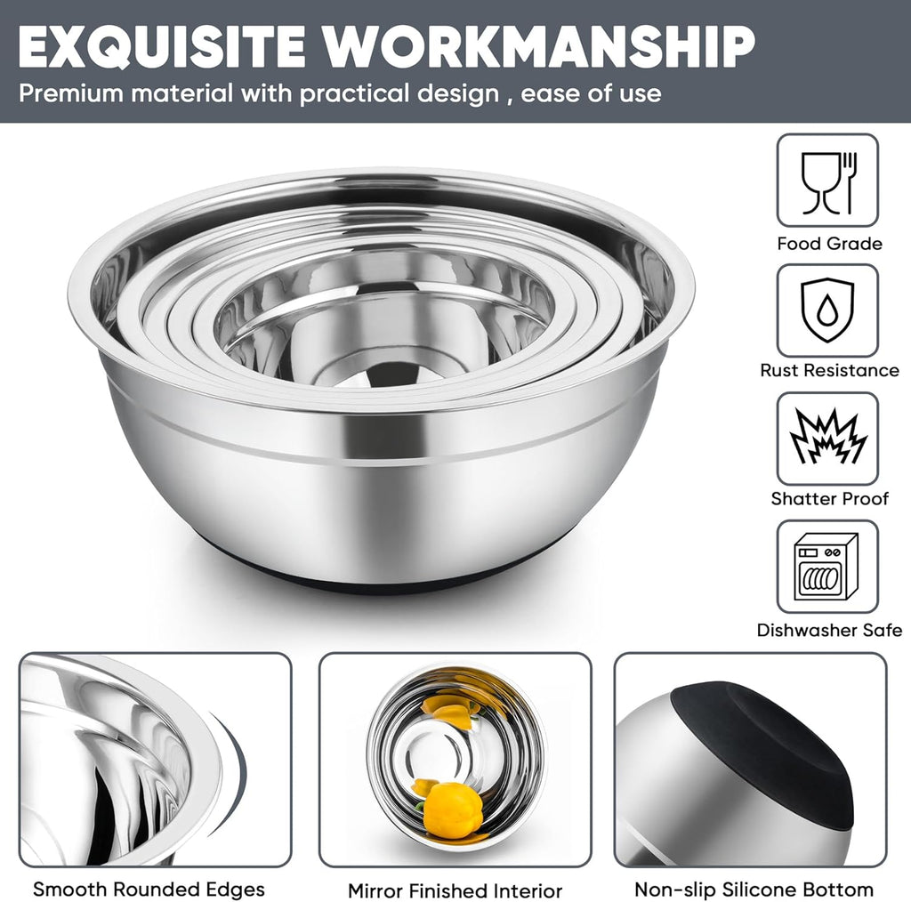 TeamFar Mixing Bowls with Lids Set, 7/3.5/2.5/1.5/1 QT, Stainless Steel Large Metal Salad Nesting Bowl, Non-Slip Silicone Bottom & Airtight Lid, Healthy & Deep - Set of 5(Black)