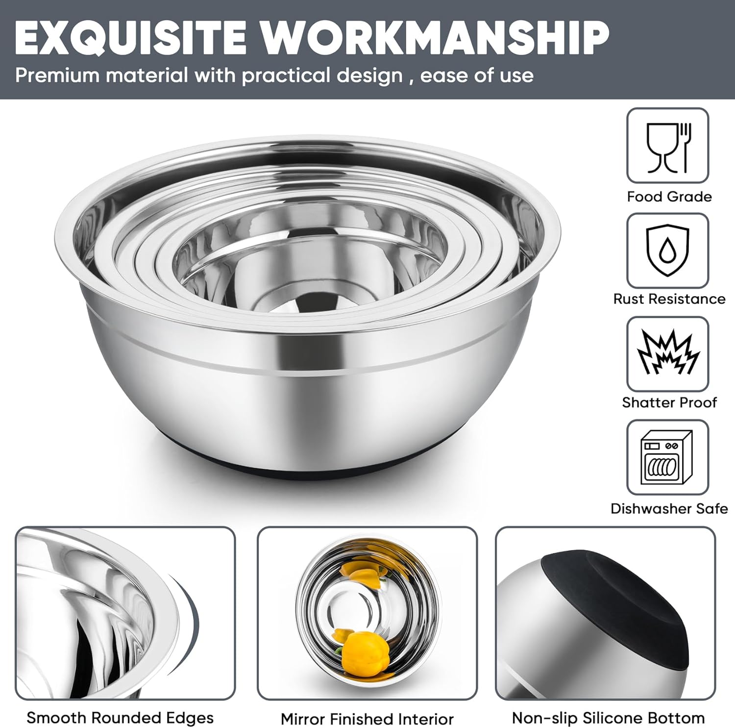 TeamFar Mixing Bowls with Lids Set, 7/3.5/2.5/1.5/1 QT, Stainless Steel Large Metal Salad Nesting Bowl, Non-Slip Silicone Bottom & Airtight Lid, Healthy & Deep - Set of 5(Black)