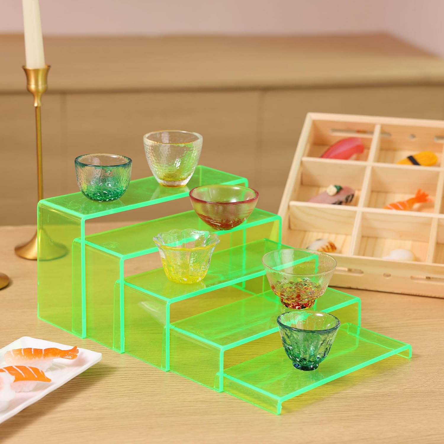 Goabroa Acrylic Display Risers, 2 Sets 10 Pcs Perfume Stand Organizer, Rectangular Acrylic Display Shelves for Figures, Cupcake, perfume, Wine Glass and Handbag, Transparent Green