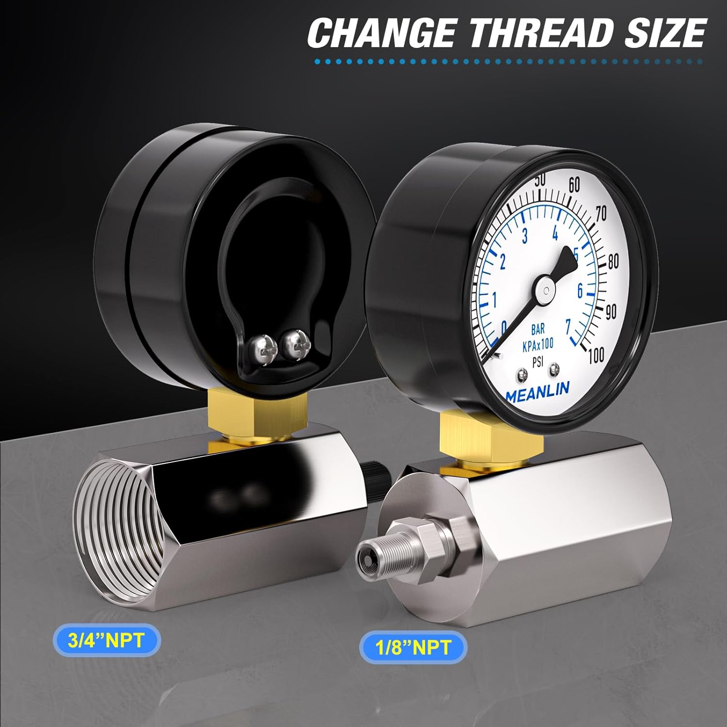 MEANLIN MEASURE 0-100Psi 2" Steel Double Graduated Air Test Pressure gauges, 3/4" FNPT Connection, -3-2-3% Accuracy
