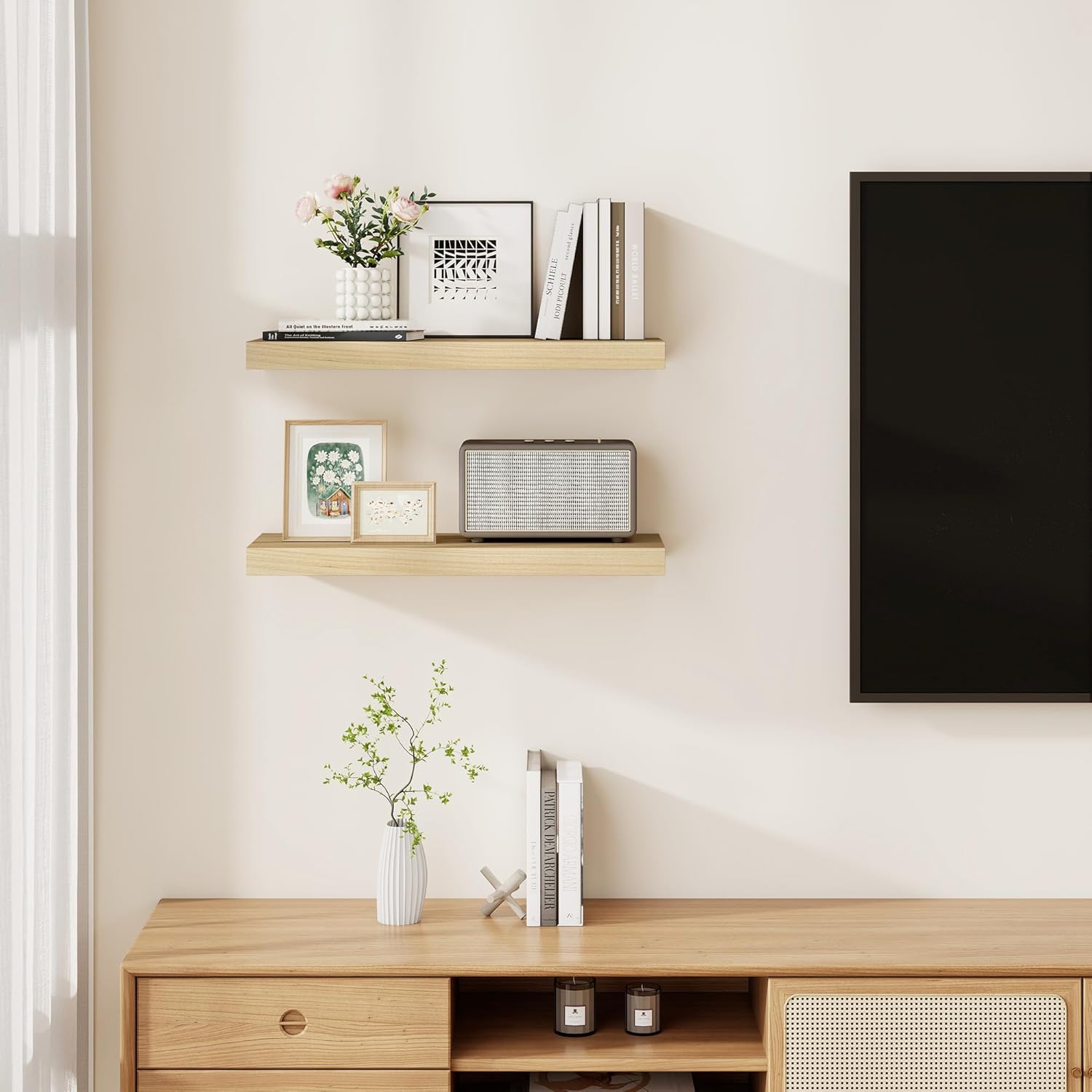 Fun Memories Rustic Floating Shelves for Home Decor, 8 Inch Deep Floating Shelf, Solid Wood Floating Wall Shelves 24 Inch Long, Deep Wall Shelves for Bathroom, Living Room, Natural Finsh, Set of 2