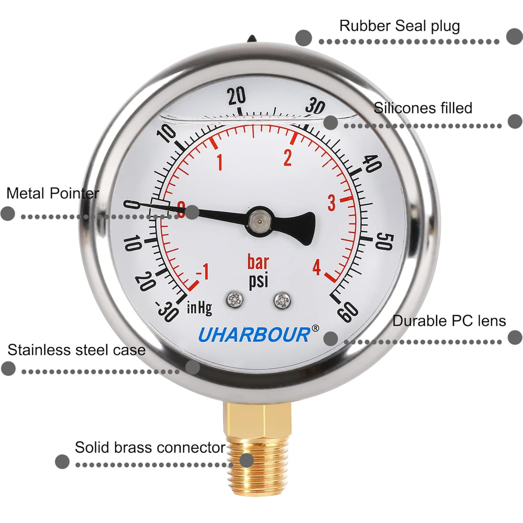 Glycerin Filled Pressure Gauge with 304 Stainless Steel Case, 2.5" Dial Size, 30InHg/60psi, High Accuracy, 1/4" NPT Center Lower Mount…