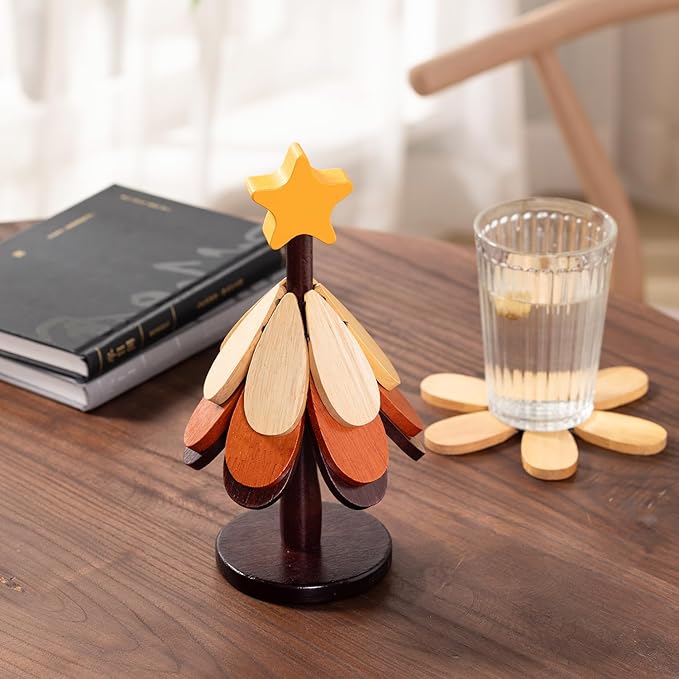 Wooden Star top 3-Piece Christmas Tree Coaster Set, can be Placed on hot Dishes, Coffee, hot Water Cups, Home Restaurant Coasters, Heat-Resistant and Heat-Resistant mats, Holiday Table Decorations