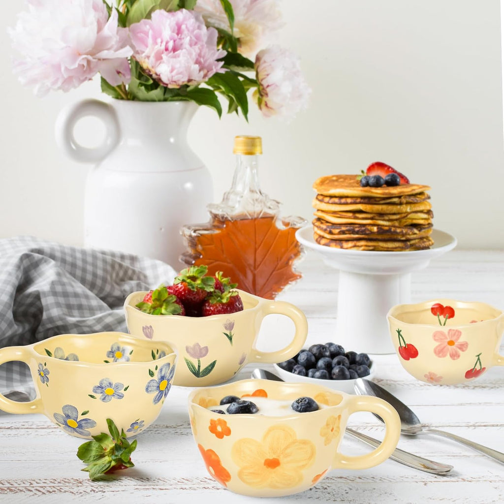 Ceramic Coffee Mug Vintage Flower Mugs 8 oz Cute Floral Coffee Mugs Irregular Latte Art Cup Lead-free Porcelain Cups for Cappuccino, Cocoa (4 Pack)