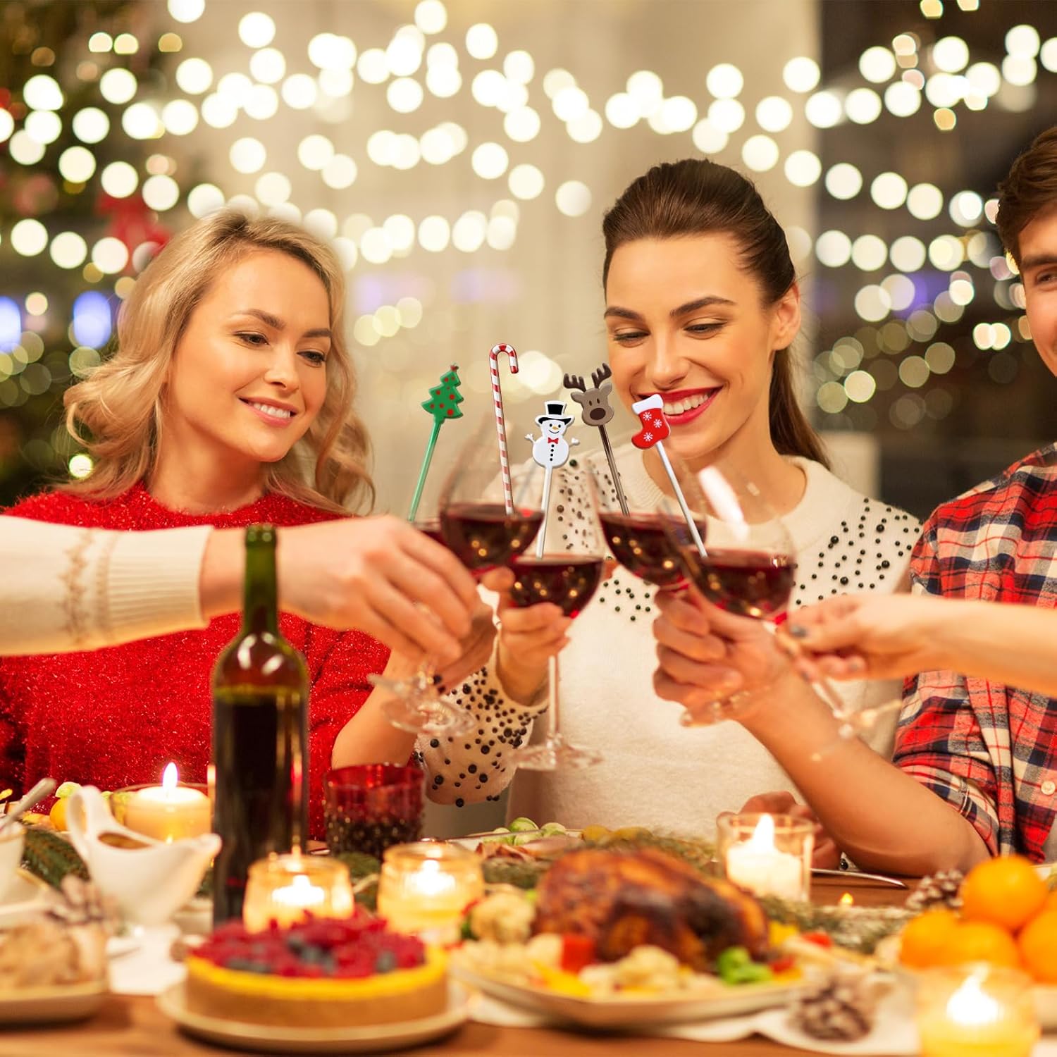 120 Pcs Christmas Plastic Swizzle Sticks Christmas Coffee and Cocktail Stirrers Hot Cocoa Stir Sticks Coffee Bar Decoration Reusable Beverage Drink Stirrers for Xmas Party Favor