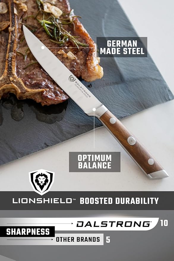 Dalstrong Steak Knife Set-4pc 5" Straight Blade Edge-Gladiator Series-Forged German High-Carbon Steel-w/Sheaths-Olive ABS Handle-Dinner Set Kitchen Knives