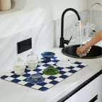 Checkered Dish Drying Mat for Kitchen Counter, Coffee Bar Station Accessories, Retro Cute Aesthetic Modern Absorbent Drainer Mat Kitchen Drying Mat Easy Clean (Navy Blue, 24" x 16")