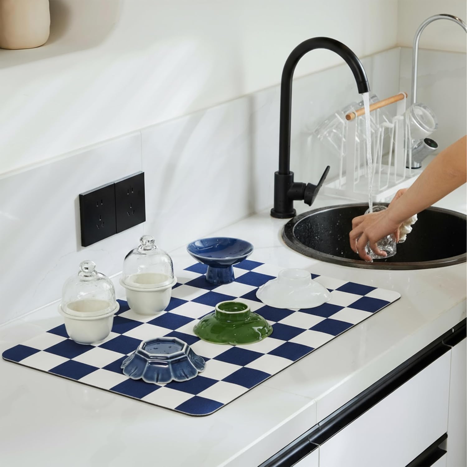 Checkered Dish Drying Mat for Kitchen Counter, Coffee Bar Station Accessories, Retro Cute Aesthetic Modern Absorbent Drainer Mat Kitchen Drying Mat Easy Clean (Navy Blue, 19" x 12")