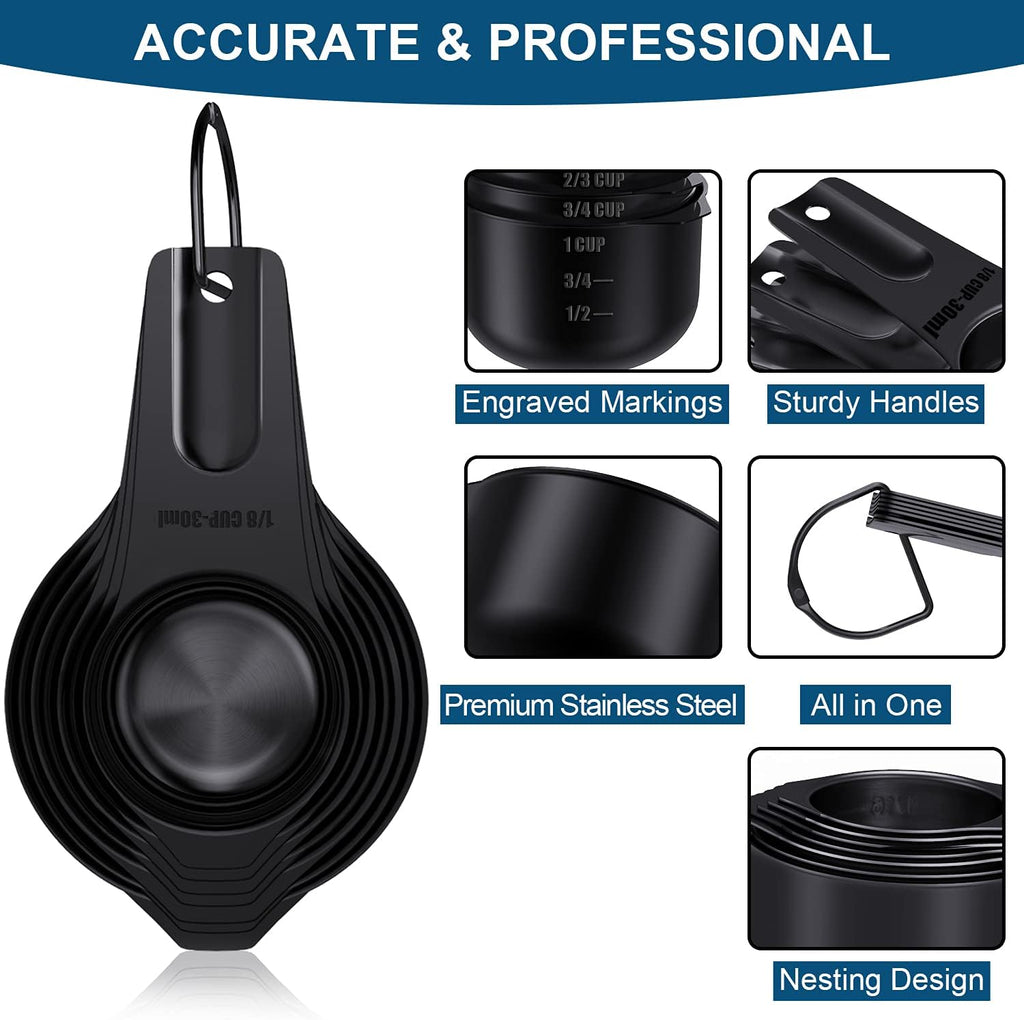 Wildone Black Measuring Cups & Spoons Set of 21 - Includes 7 Stainless Steel Nesting Measuring Cups, 8 Measuring Spoons, 1 Leveler & 5 Mini Measuring Spoons, Ideal for Dry & Liquid Ingredients