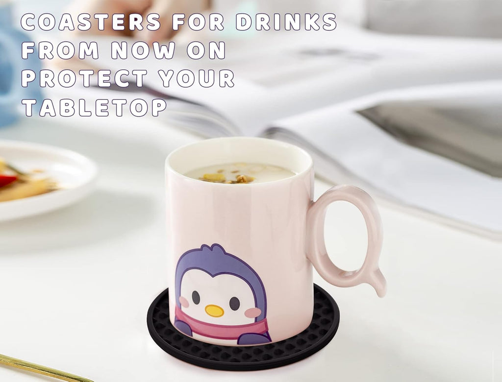 Coasters for Drinks 6 Pack Drink Coaster with Holder,Heat Resistant Silicone Cup Mat Tabletop Protection,Non-Slip Rubber Coasters for Kinds of Cups (Black)