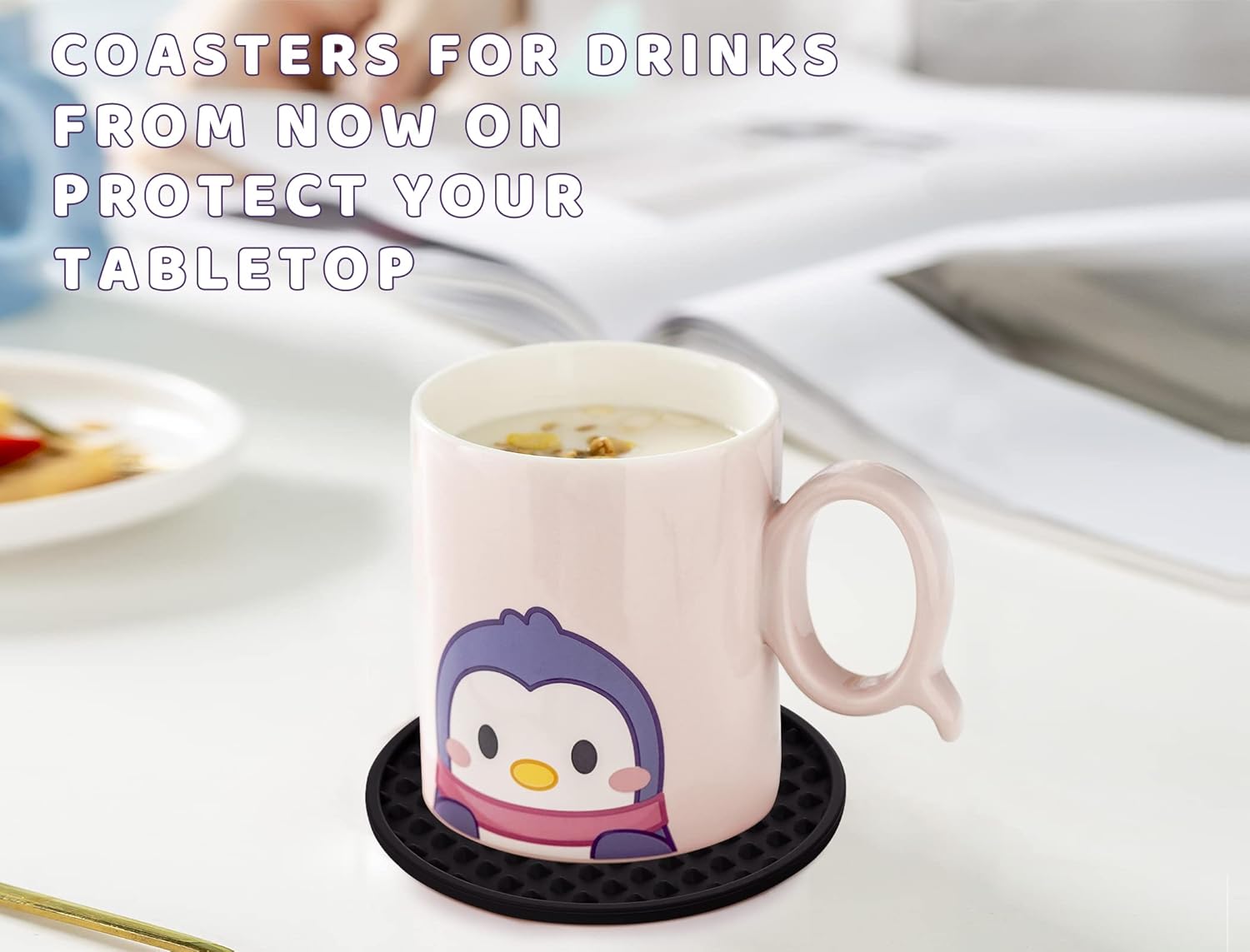 Coasters for Drinks 6 Pack Drink Coaster with Holder,Heat Resistant Silicone Cup Mat Tabletop Protection,Non-Slip Rubber Coasters for Kinds of Cups (Black)