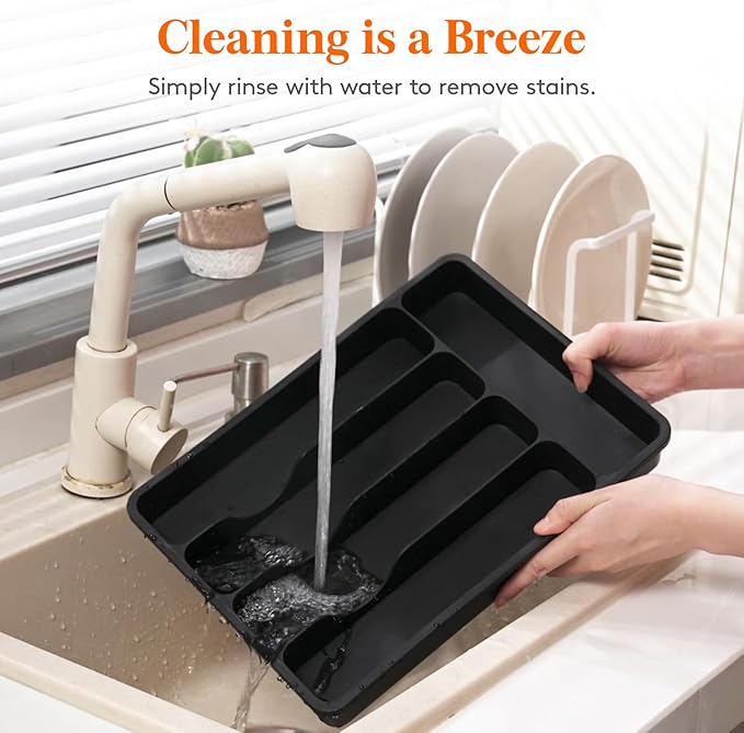 Lifewit Silverware Organizer with Lid, Covered Utensil Tray for Kitchen Drawer and Countertop, Plastic Cutlery and Flatware Storage Box for Spoons Forks Knives Holder Case, 5 Compartments, Black