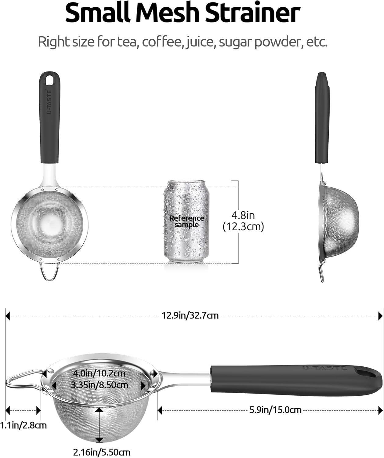 U-Taste Small Fine Mesh Strainer: 18/8 Stainless Steel 3.35in 30 Mesh Kitchen Food Sieve with Sturdy Riveted Silicone Handle, Heavy Duty Deep Handheld Metal Colander for Tea, Juice (Black)