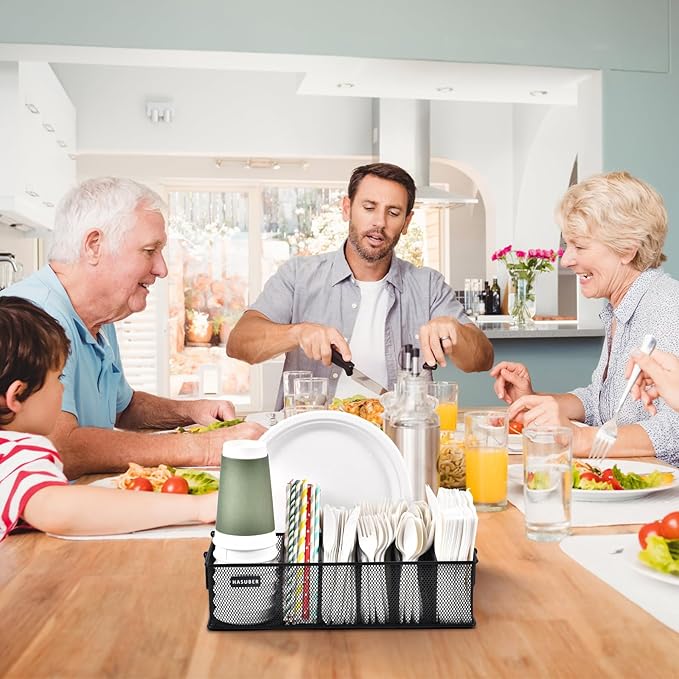 Silverware Organizer with Handle - Metal Utensil Caddy for Kitchen Counter, 7 Compartment for Plate, Cup, Napkin, Paper Plate Dispenser for Party, Picnic