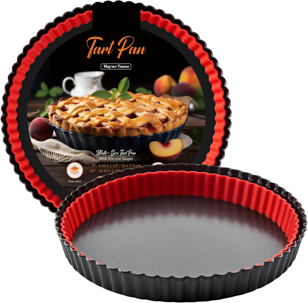 Tart Pan with Removable Bottom,10 Inch Tart and Quiche Pan,Non-stick Round Carbon Steel Deep Fluted Pie Pan with Crust Shaper Ring - Quiche Baking Dish Tart Pans For Baking Party Festival
