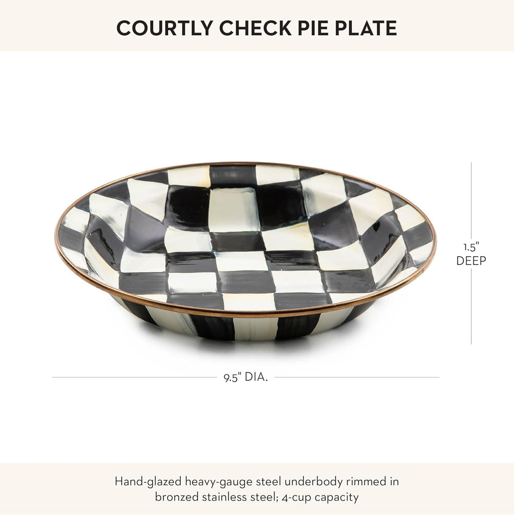 MACKENZIE-CHILDS Enamel Pie Plate, Ovenproof Pie Pan for Cooking and Serving, Black-and-White Courtly Check