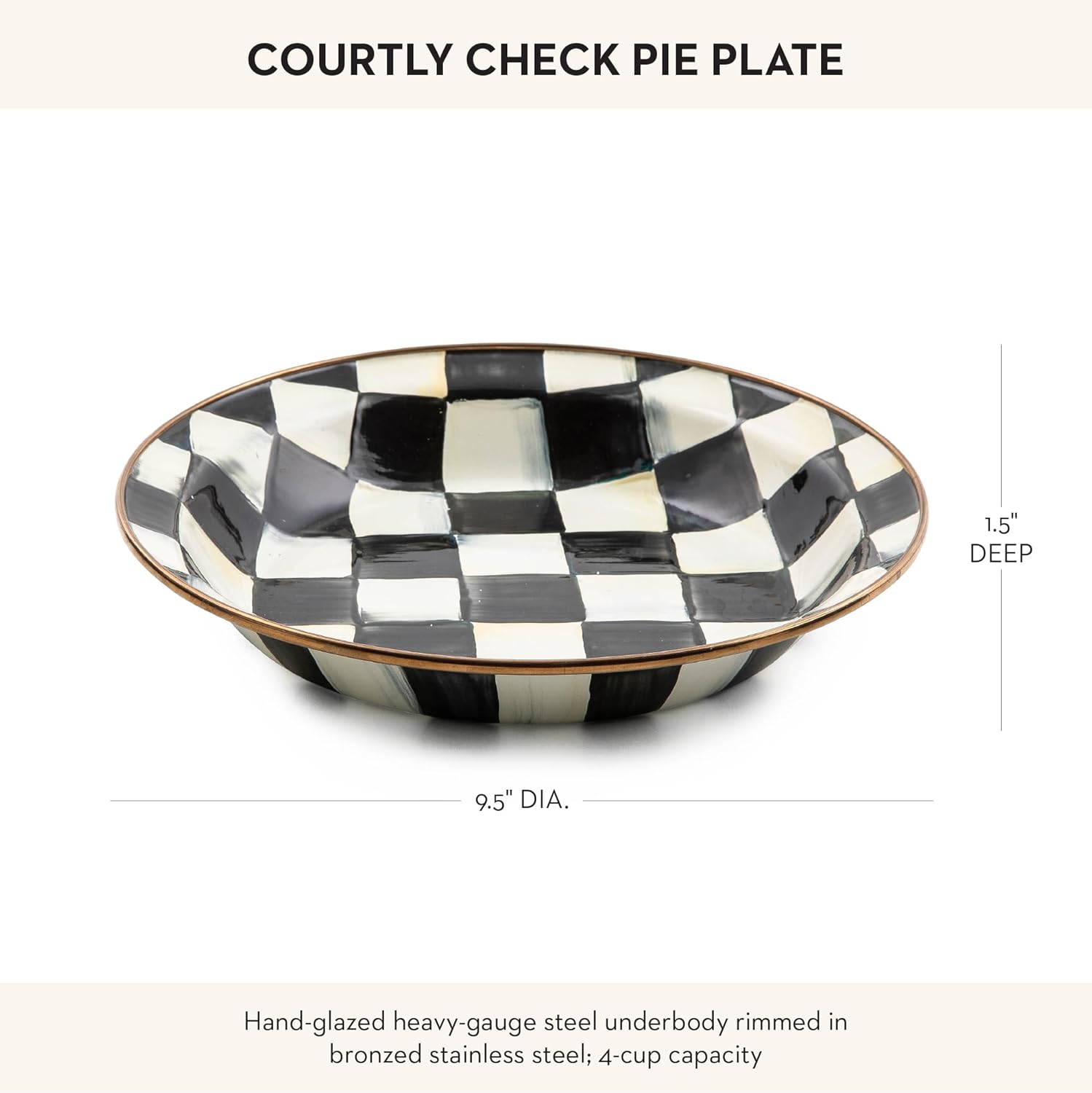 MACKENZIE-CHILDS Enamel Pie Plate, Ovenproof Pie Pan for Cooking and Serving, Black-and-White Courtly Check